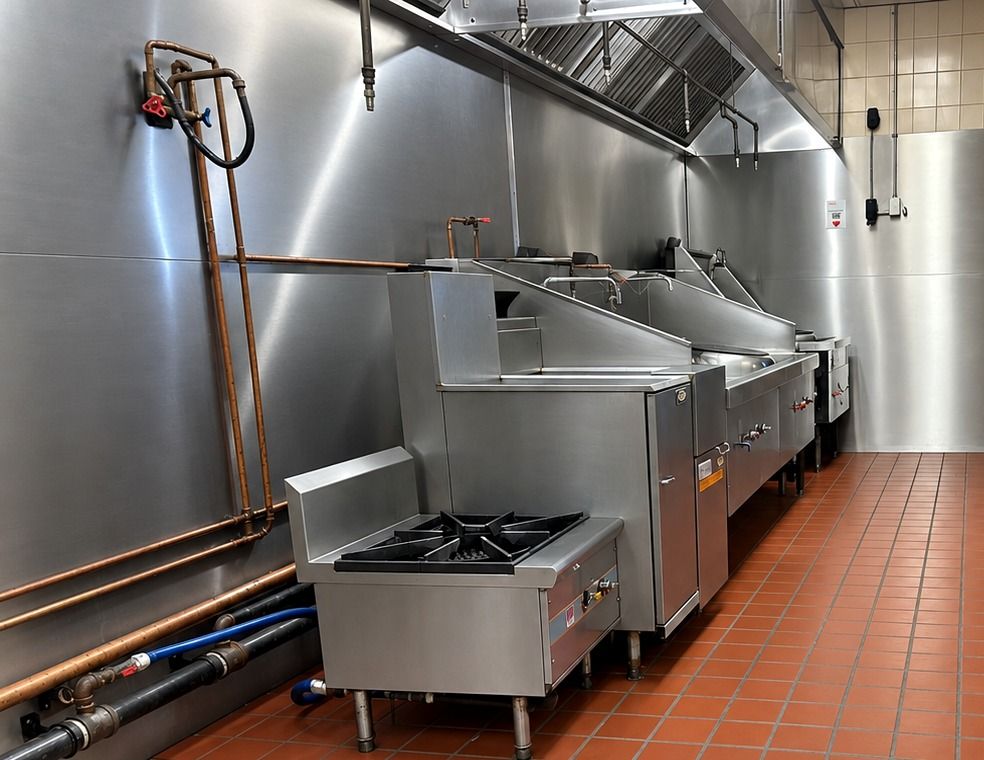 Clean commercial kitchen cooking line