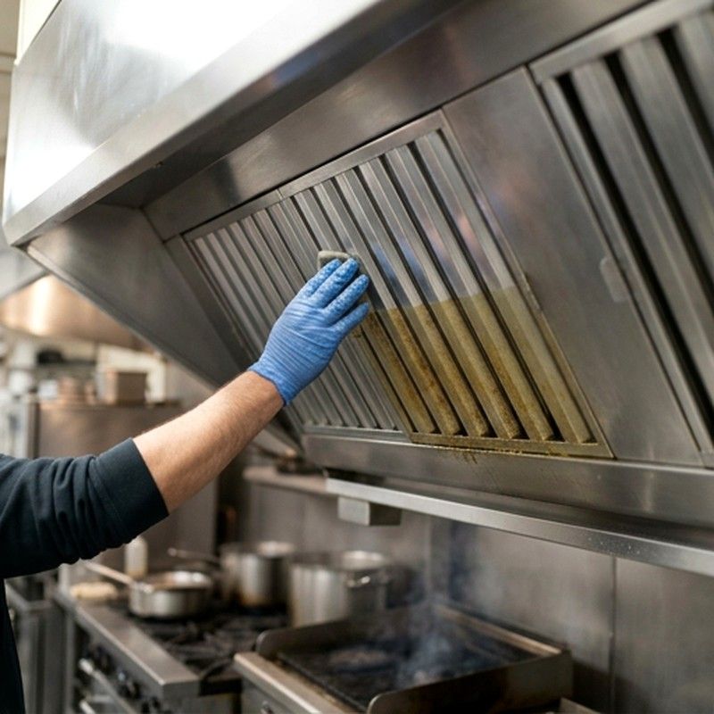 Technician cleaning a commercial kitchen exhaust filter